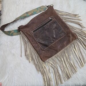 Dancing Cactus Designs Cowhide Fringe Crossbody Bag Turquoise Leather Western‎